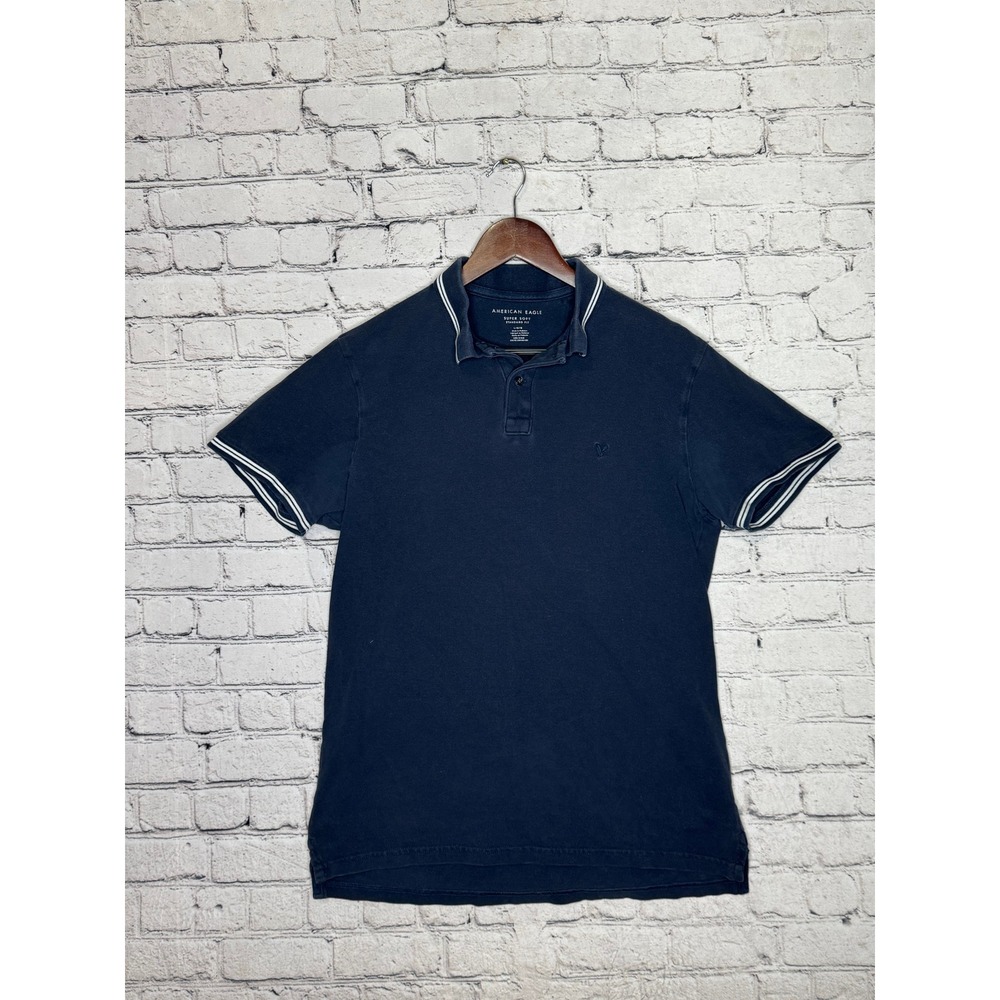 American Eagle Men Navy Blue Short Sleeve Polo Shirt Standard Fit Size L‎